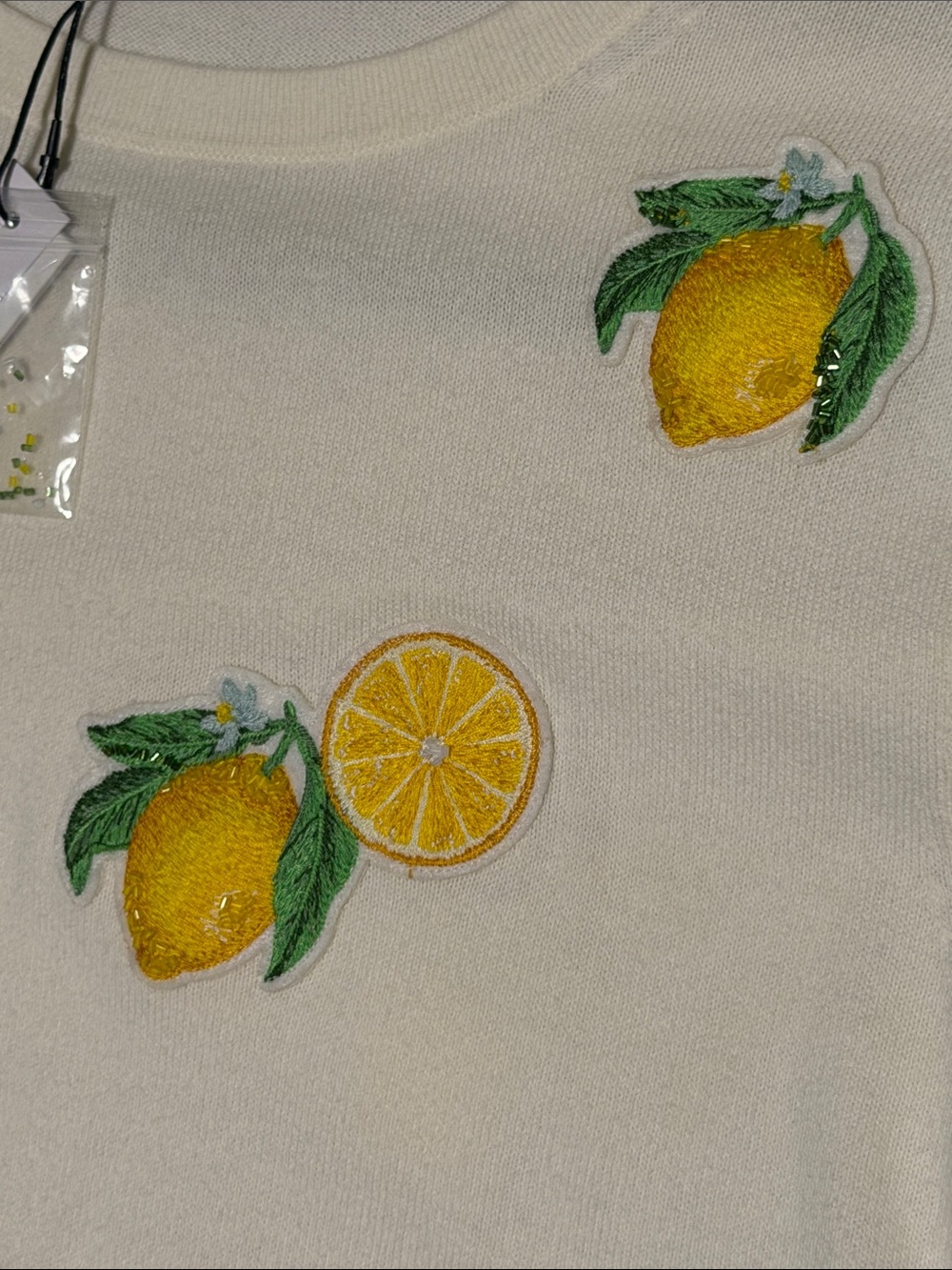 Alice + Olivia Cream Short Sleeve Sweater with Yellow Lemon Embroidery - Picture 4 of 4